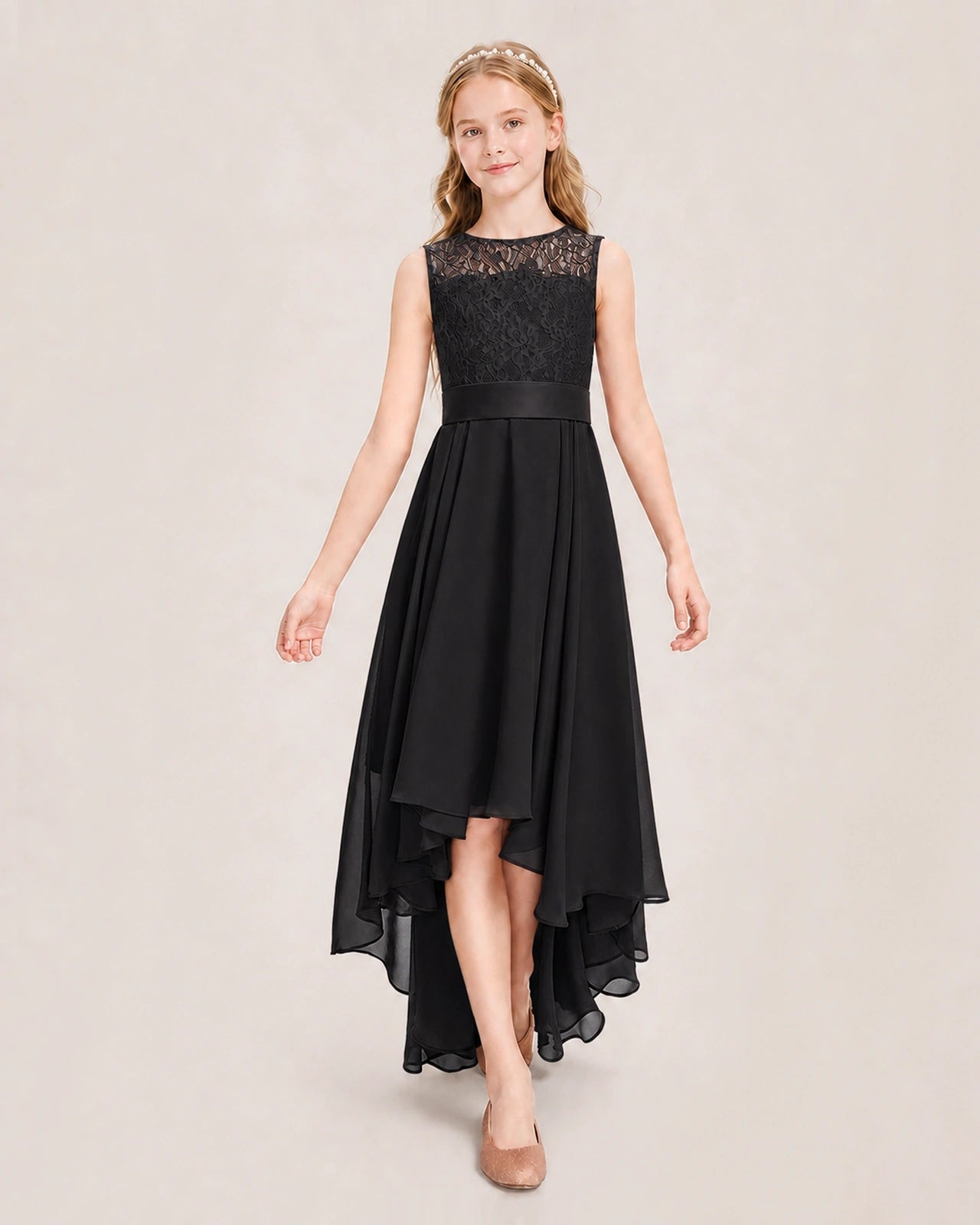 Junior Bridesmaid Dress | Chiffon High-Low Lace Gown