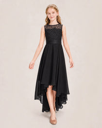 Black Junior Bridesmaid Dress Lace Bodice Asymmetrical Chiffon Floor-Length Gown Front View