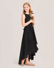 Black Junior Bridesmaid Dress Lace Bodice Asymmetrical Chiffon Floor-Length Gown Side View