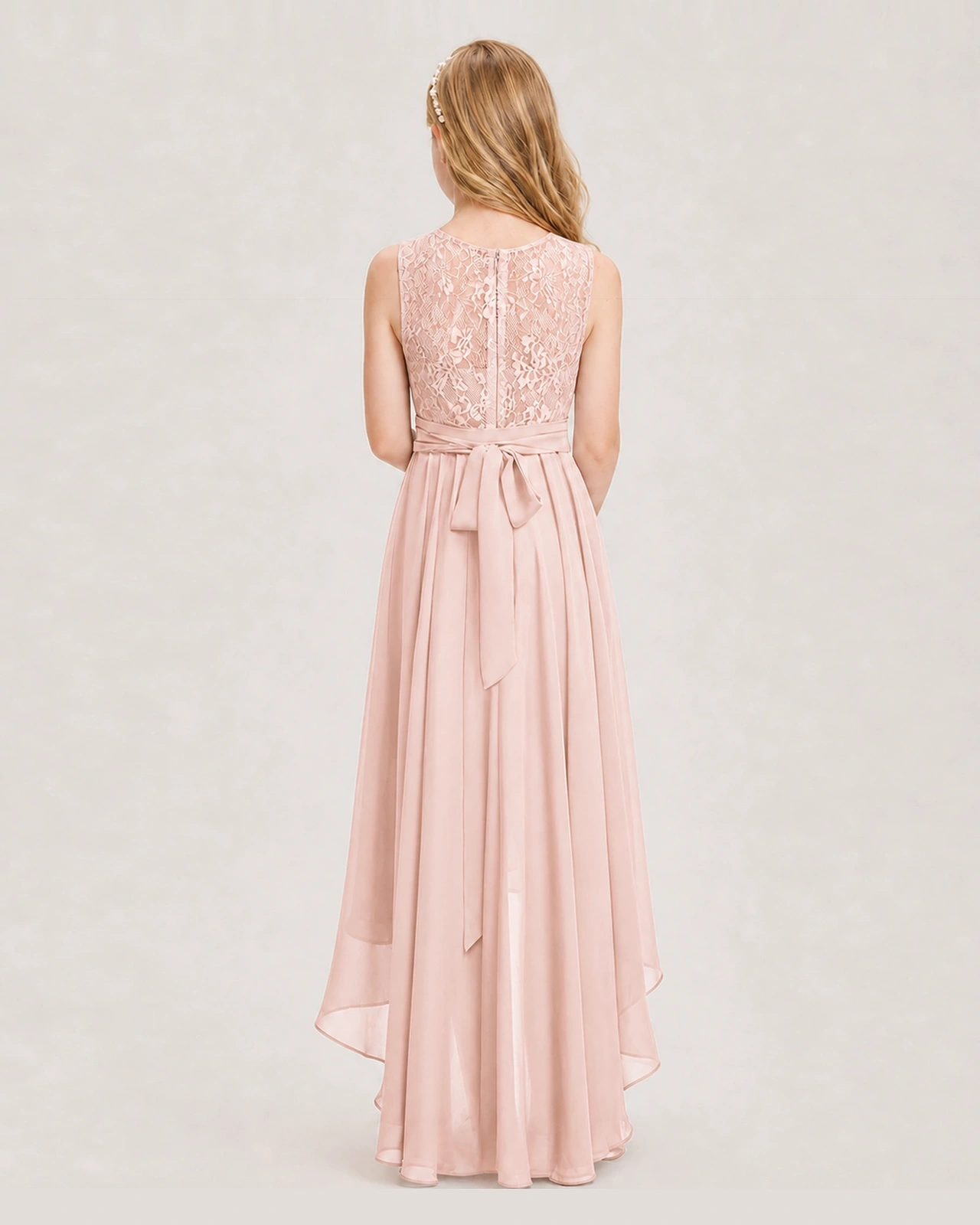 Blush Pink Junior Bridesmaid Dress Lace Bodice Asymmetrical Chiffon Floor-Length Gown Back View