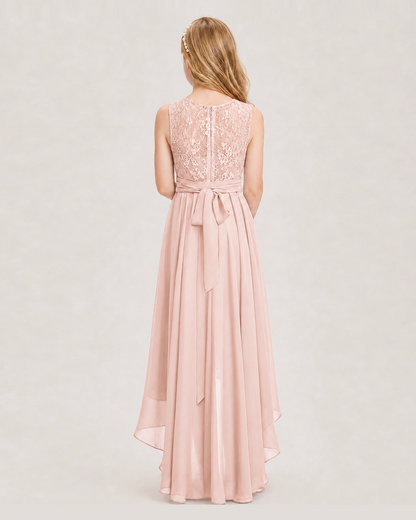 Blush Pink Junior Bridesmaid Dress Lace Bodice Asymmetrical Chiffon Floor-Length Gown Back View