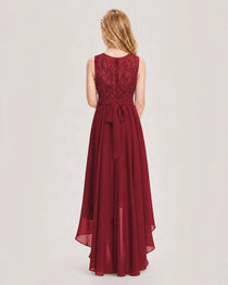 Burgundy Junior Bridesmaid Dress Lace Bodice Asymmetrical Chiffon Floor-Length Gown Back View