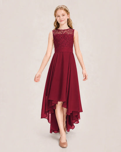 Burgundy Junior Bridesmaid Dress Lace Bodice Asymmetrical Chiffon Floor-Length Gown Front View
