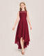 Burgundy Junior Bridesmaid Dress Lace Bodice Asymmetrical Chiffon Floor-Length Gown Front View