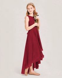 Burgundy Junior Bridesmaid Dress Lace Bodice Asymmetrical Chiffon Floor-Length Gown Side View