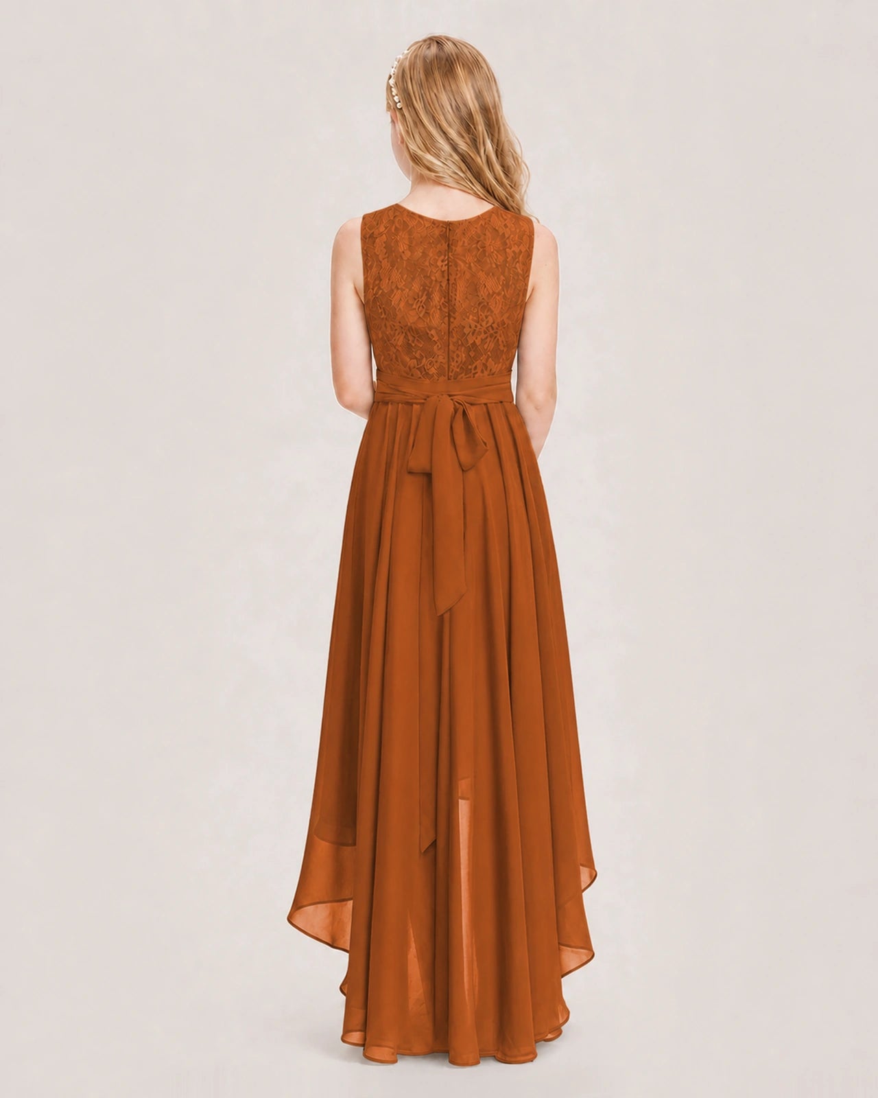 Burnt Orange Junior Bridesmaid Dress Lace Bodice Asymmetrical Chiffon Floor-Length Gown Back View