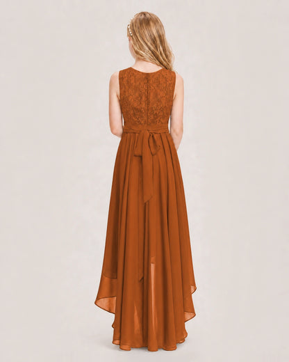 Burnt Orange Junior Bridesmaid Dress Lace Bodice Asymmetrical Chiffon Floor-Length Gown Back View