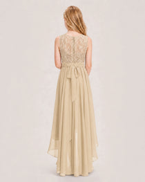 Champagne Junior Bridesmaid Dress Lace Bodice Asymmetrical Chiffon Floor-Length Gown Back View