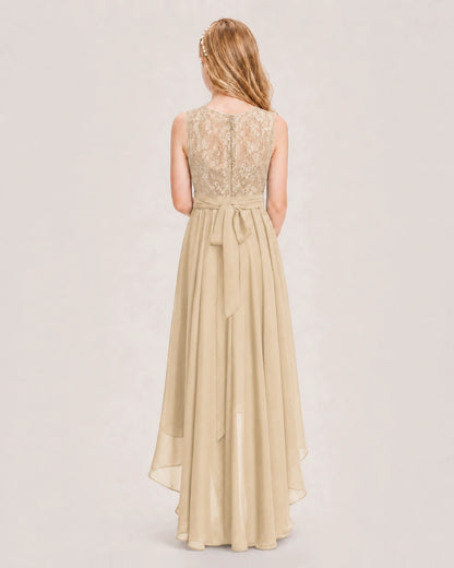 Champagne Junior Bridesmaid Dress Lace Bodice Asymmetrical Chiffon Floor-Length Gown Back View