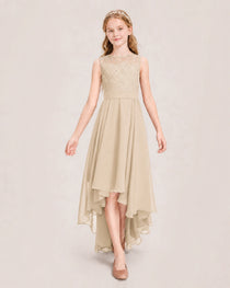 Champagne Junior Bridesmaid Dress Lace Bodice Asymmetrical Chiffon Floor-Length Gown Front View