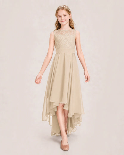 Champagne Junior Bridesmaid Dress Lace Bodice Asymmetrical Chiffon Floor-Length Gown Front View