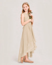Champagne Junior Bridesmaid Dress Lace Bodice Asymmetrical Chiffon Floor-Length Gown Side View
