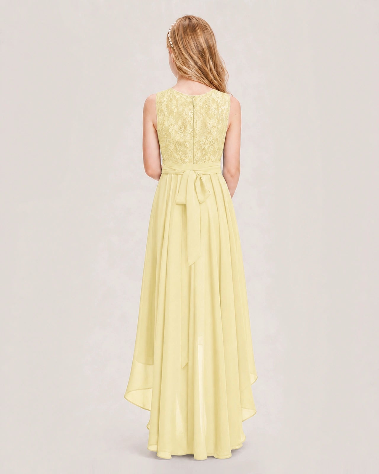 Daffodil Junior Bridesmaid Dress Lace Bodice Asymmetrical Chiffon Floor-Length Gown Back View