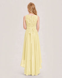 Daffodil Junior Bridesmaid Dress Lace Bodice Asymmetrical Chiffon Floor-Length Gown Back View