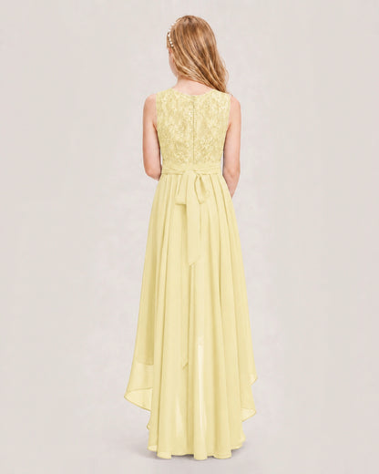 Daffodil Junior Bridesmaid Dress Lace Bodice Asymmetrical Chiffon Floor-Length Gown Back View