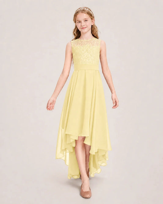 Daffodil Chiffon High Low Junior Bridesmaid Dress Front View