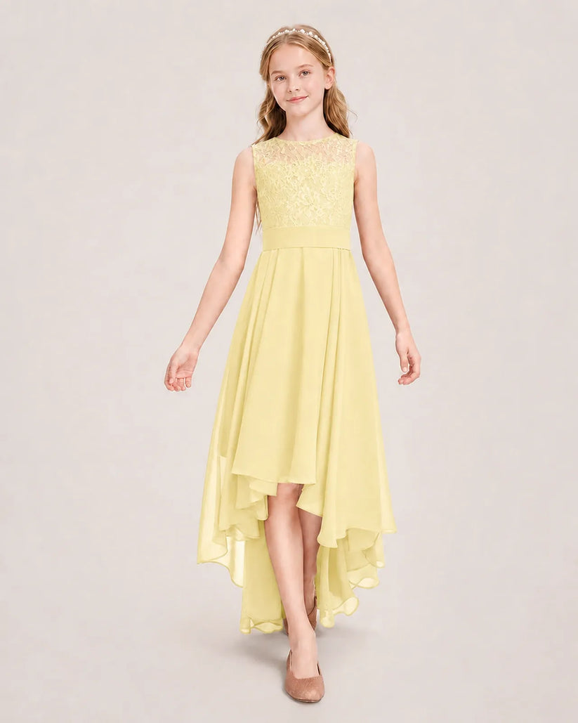 Daffodil Chiffon High Low Junior Bridesmaid Dress Front View