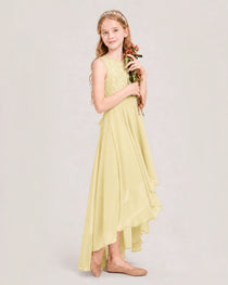 Daffodil Junior Bridesmaid Dress Lace Bodice Asymmetrical Chiffon Floor-Length Gown Side View