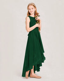Dark Green Junior Bridesmaid Dress Lace Bodice Asymmetrical Chiffon Floor-Length Gown Side View