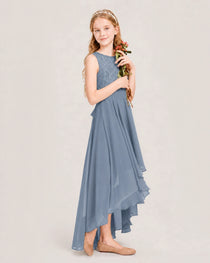 Dusty Blue Junior Bridesmaid Dress Lace Bodice Asymmetrical Chiffon Floor-Length Gown Side View
