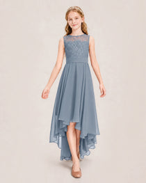 Dusty Blue Junior Bridesmaid Dress Lace Bodice Asymmetrical Chiffon Floor-Length Gown Front View