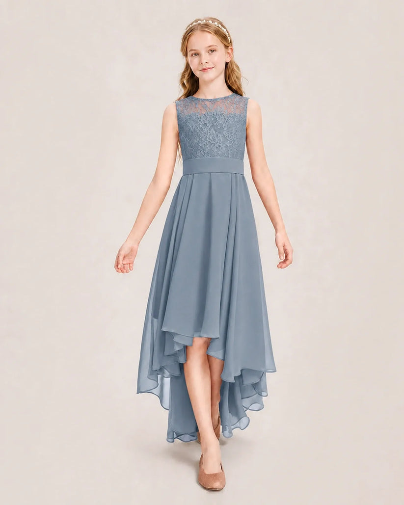 Dusty Blue Chiffon A-line Junior Bridesmaid Dress Front View