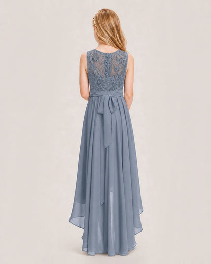 Dusty Blue Junior Bridesmaid Dress Lace Bodice Asymmetrical Chiffon Floor-Length Gown Back View