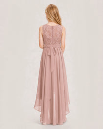 Dusty Rose Junior Bridesmaid Dress Lace Bodice Asymmetrical Chiffon Floor-Length Gown Back View