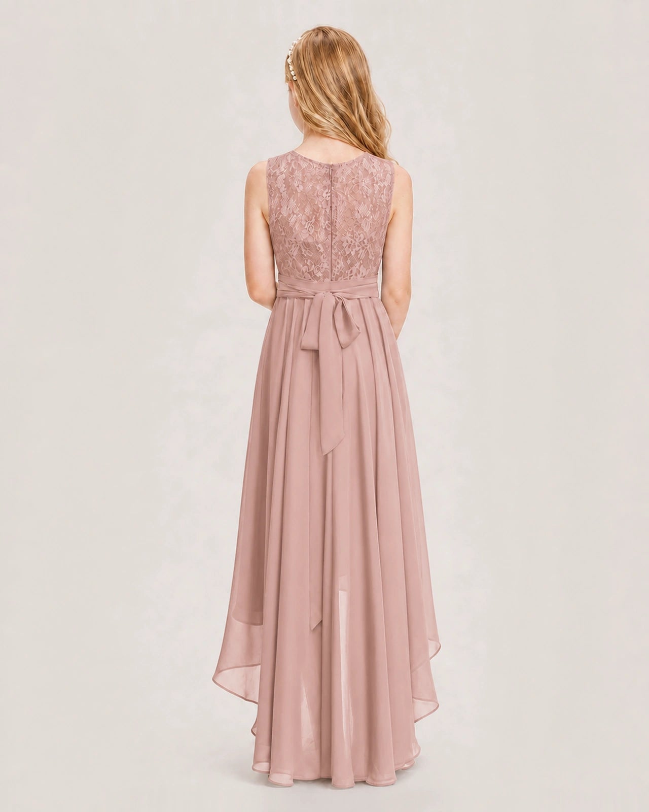 Dusty Rose Junior Bridesmaid Dress Lace Bodice Asymmetrical Chiffon Floor-Length Gown Back View