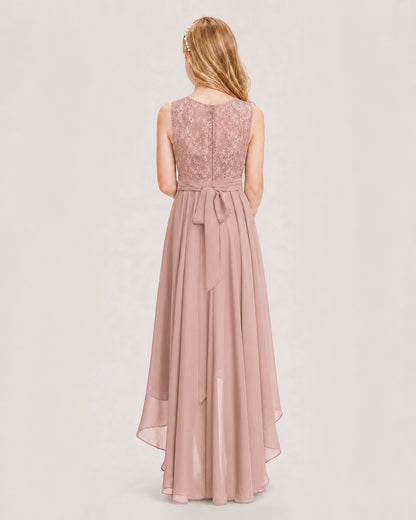 Dusty Rose Junior Bridesmaid Dress Lace Bodice Asymmetrical Chiffon Floor-Length Gown Back View