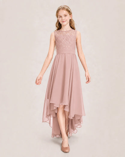 Dusty Rose Junior Bridesmaid Dress Lace Bodice Asymmetrical Chiffon Floor-Length Gown Front View