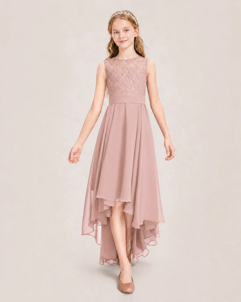 Dusty Rose Lace Chiffon A-line Junior Bridesmaid Dress Front View