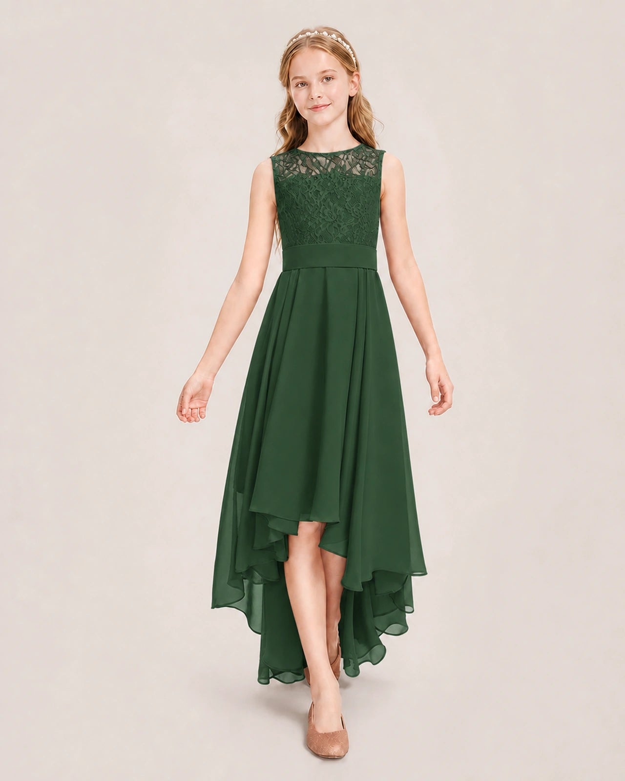 Emerald Green Junior Bridesmaid Dress Lace Bodice Asymmetrical Chiffon Floor-Length Gown Front View
