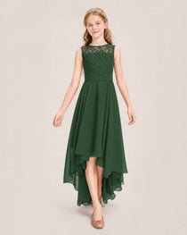 Emerald Green Junior Bridesmaid Dress Lace Bodice Asymmetrical Chiffon Floor-Length Gown Front View