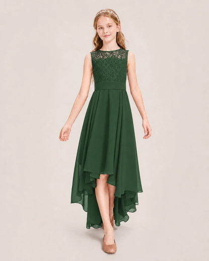 Emerald Green Junior Bridesmaid Dress Lace Bodice Asymmetrical Chiffon Floor-Length Gown Front View