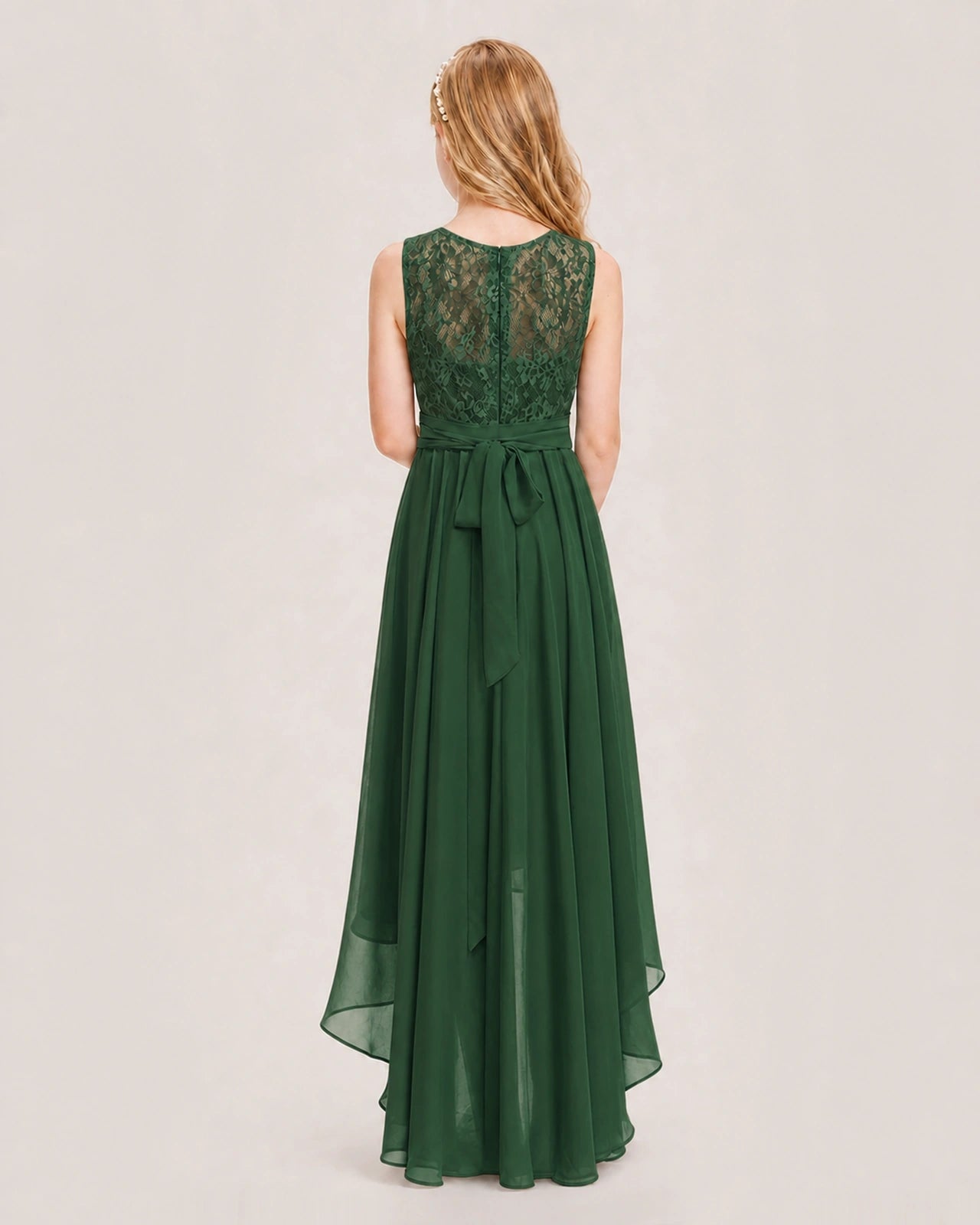 Emerald Green Junior Bridesmaid Dress Lace Bodice Asymmetrical Chiffon Floor-Length Gown Back View