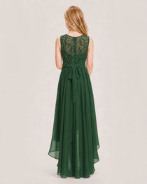 Emerald Green Junior Bridesmaid Dress Lace Bodice Asymmetrical Chiffon Floor-Length Gown Back View