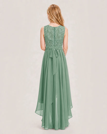Eucalyptus Junior Bridesmaid Dress Lace Bodice Asymmetrical Chiffon Floor-Length Gown Back View