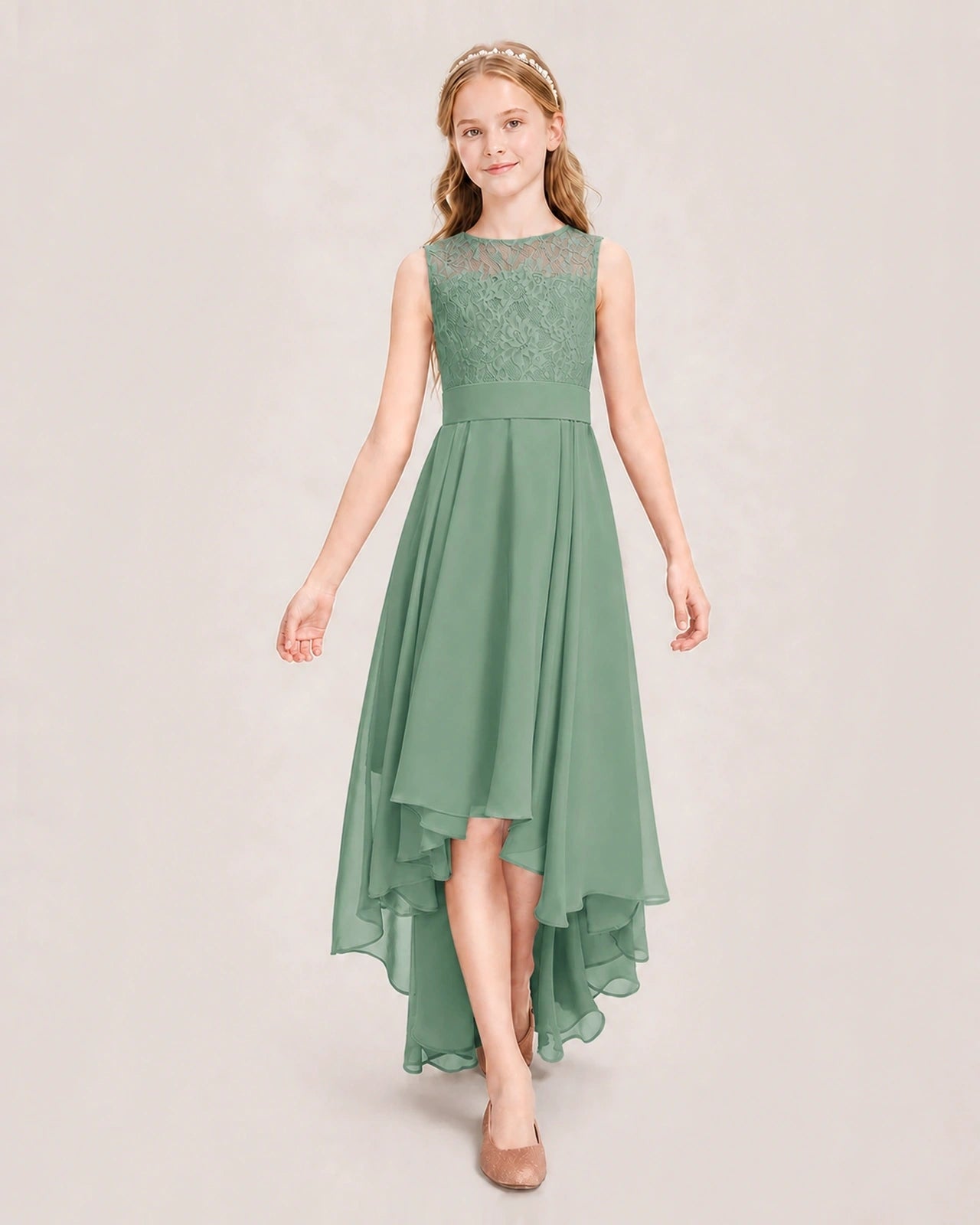 Eucalyptus Junior Bridesmaid Dress Lace Bodice Asymmetrical Chiffon Floor-Length Gown Front View