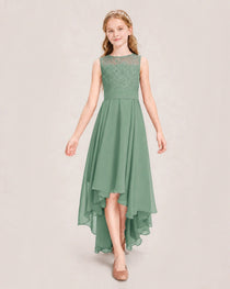Eucalyptus Junior Bridesmaid Dress Lace Bodice Asymmetrical Chiffon Floor-Length Gown Front View