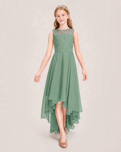 Eucalyptus Junior Bridesmaid Dress Lace Bodice Asymmetrical Chiffon Floor-Length Gown Front View