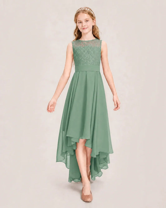 Eucalyptus Chiffon High-Low Junior Bridesmaid Dress Front View