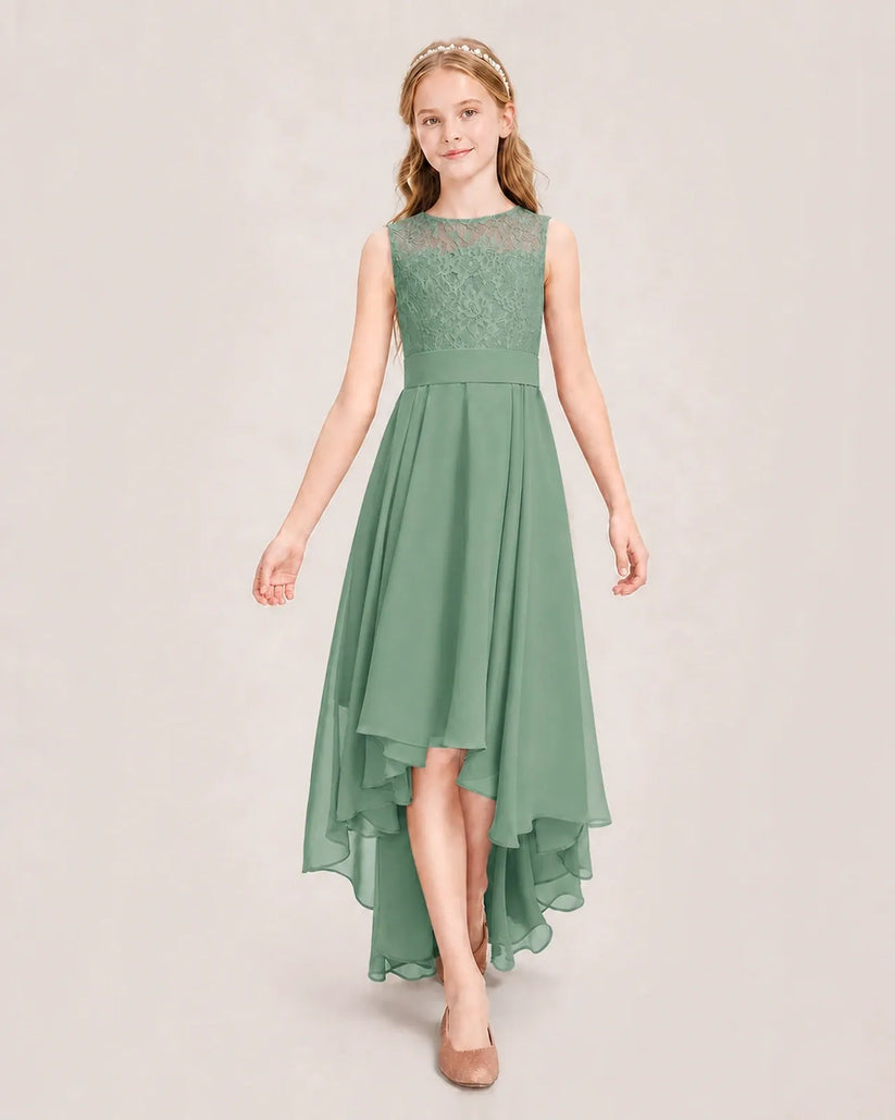 Eucalyptus Chiffon High-Low Junior Bridesmaid Dress Front View