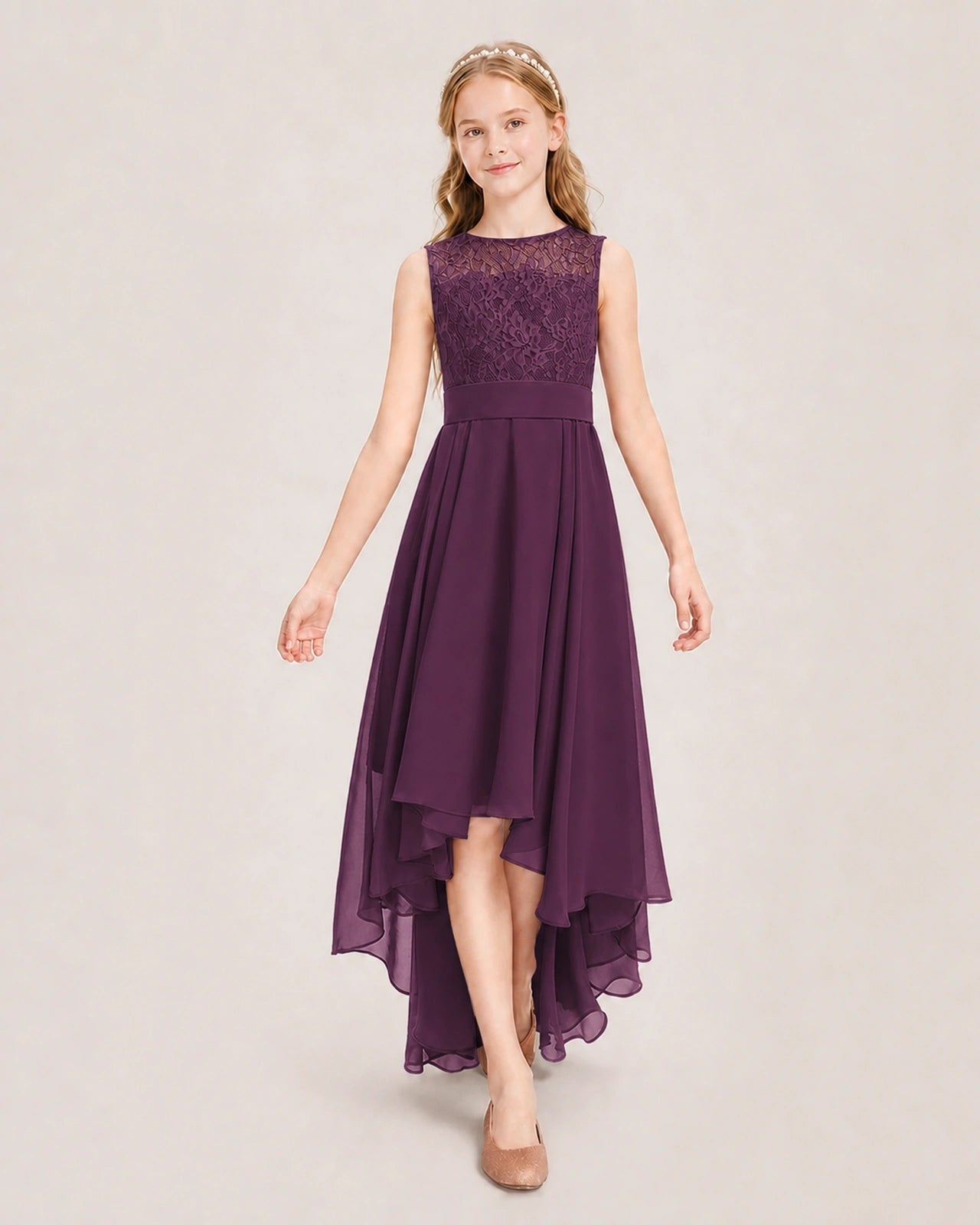 Grape Junior Bridesmaid Dress Lace Bodice Asymmetrical Chiffon Floor-Length Gown Front View