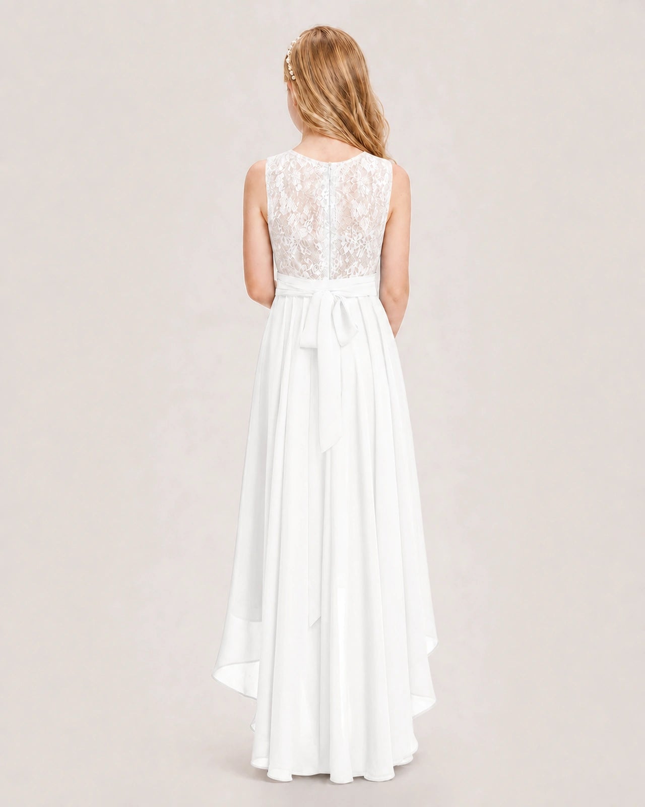 Ivory Junior Bridesmaid Dress Lace Bodice Asymmetrical Chiffon Floor-Length Gown Back View