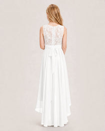 Ivory Junior Bridesmaid Dress Lace Bodice Asymmetrical Chiffon Floor-Length Gown Back View