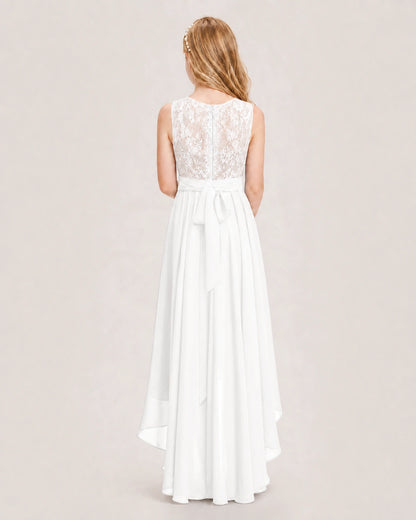 Ivory Junior Bridesmaid Dress Lace Bodice Asymmetrical Chiffon Floor-Length Gown Back View