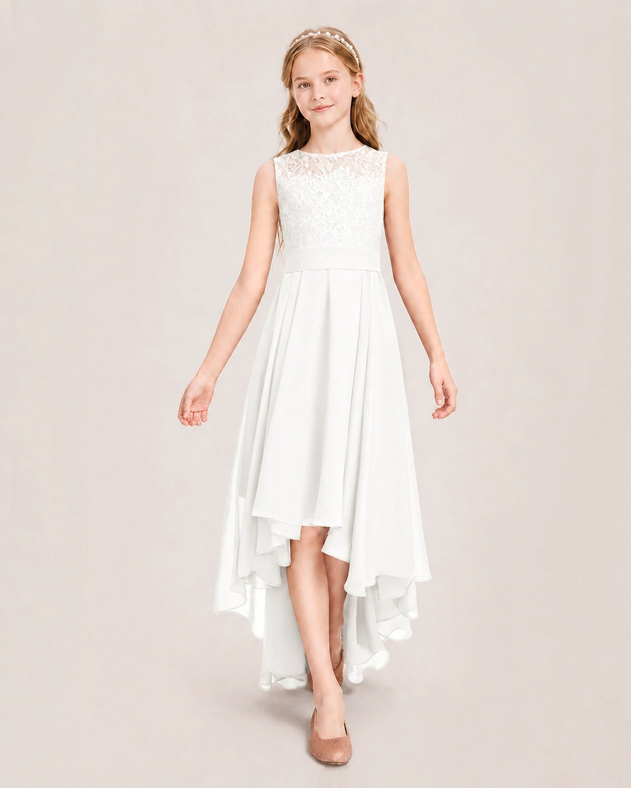 Ivory Junior Bridesmaid Dress Lace Bodice Asymmetrical Chiffon Floor-Length Gown Front View