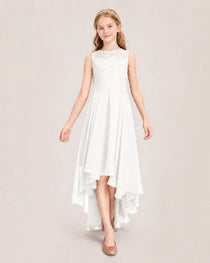 Ivory Junior Bridesmaid Dress Lace Bodice Asymmetrical Chiffon Floor-Length Gown Front View