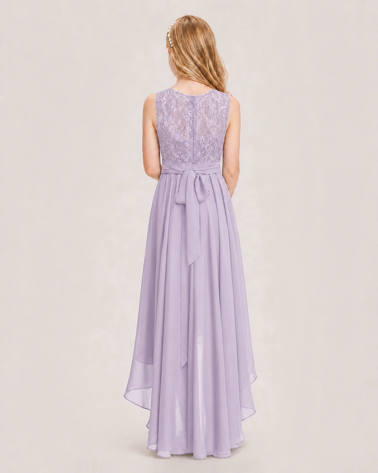 Lavender Junior Bridesmaid Dress Lace Bodice Asymmetrical Chiffon Floor-Length Gown Back View
